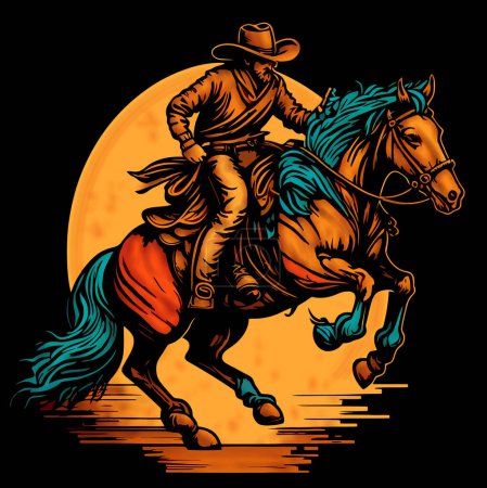 Téléchargez les photos : A cowboy riding a kicking horse against the setting sun. Concept art. - en image libre de droit