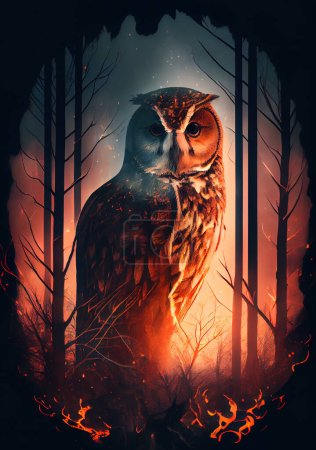 Photo for Double exposure. Owl and forest fire. Ecological disaster concept - Royalty Free Image