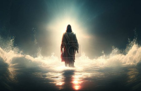 Téléchargez les photos : The figure of Jesus walks on water on a sunny background. - en image libre de droit