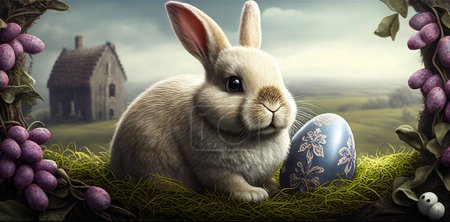 Photo for Adorable Bunny With Easter Eggs In Flowery Meadow. - Royalty Free Image