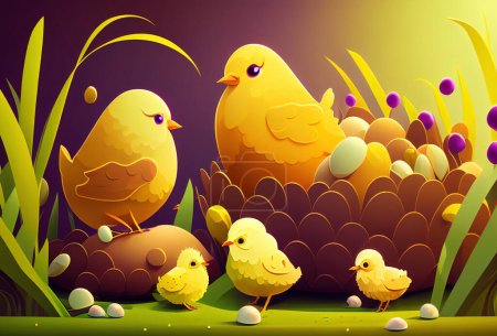 Photo for Easter illustration with chicks and Easter eggs - Royalty Free Image