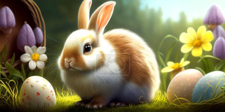 Foto de Adorable conejo con huevos de Pascua en el prado florido
. - Imagen libre de derechos