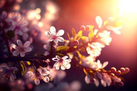 Photo for Close-up of blooming almond tree buds. Prunus triloba. Solar flare and bokeh. - Royalty Free Image