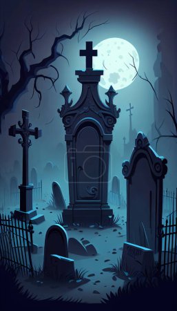 Photo for Illustration of a stone tombstone with space for an epitaph. Cemetery illuminated by moonlight - Royalty Free Image