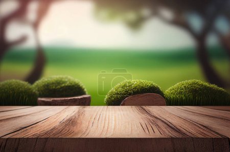 Photo for Empty wooden desk with blurry nature background. Frame product display stand nature background concept. - Royalty Free Image