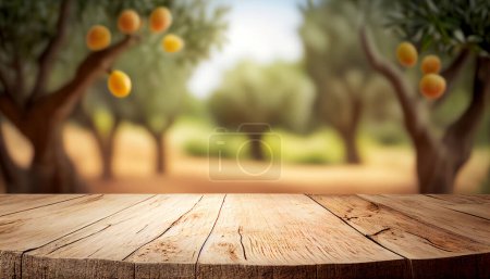 Photo for Empty wood table with free space over orange tree. - Royalty Free Image