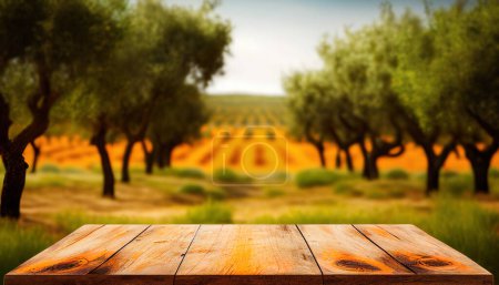 Photo for Empty wood table with free space over orange tree - Royalty Free Image