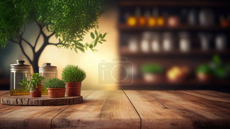 Photo for Empty wooden desk with blurry rustic kitchenbackground. Frame product display stand nature background concept. - Royalty Free Image