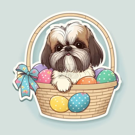 Foto de Un perrito lindo en una cesta de Pascua. - Imagen libre de derechos