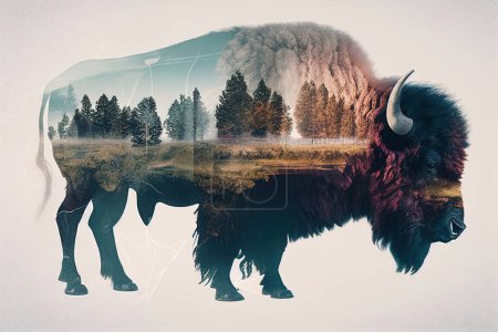 Photo for Bison and wild nature. Double exposure. - Royalty Free Image
