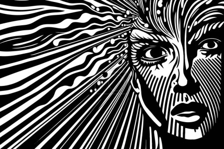 Photo for Psychedelic abstract black and white female face made of black contour lines. - Royalty Free Image