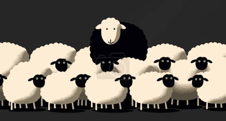 Foto de La oveja negra escondida entre los blancos. La proverbial oveja. El concepto de astucia, esconderse, hacerse pasar por alguien - Imagen libre de derechos