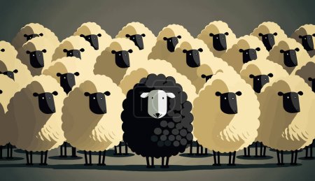 Photo for The black sheep hiding among the whites. The proverbial sheep. The concept of cunning, hiding, impersonating someone - Royalty Free Image