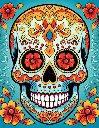 Photo for Drawing illustration of an ornately decorated Day of the Dead sugar skull, or calavera. - Royalty Free Image