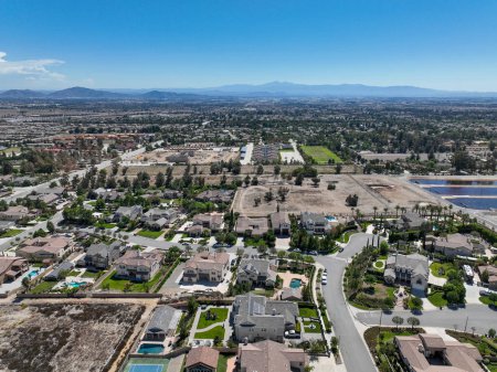 Photo for Aerial view of Rancho Cucamonga, located south of the foothills of the San Gabriel Mountains and Angeles National Forest in San Bernardino County, California, United States. - Royalty Free Image