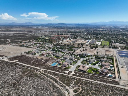 Photo for Aerial view of Rancho Cucamonga, located south of the foothills of the San Gabriel Mountains and Angeles National Forest in San Bernardino County, California, United States. - Royalty Free Image