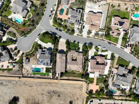 Photo for Aerial top view of big villas with pools in Rancho Cucamonga, in San Bernardino County, California, United States. - Royalty Free Image