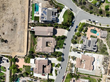 Photo for Aerial top view of big villas with pools in Rancho Cucamonga, in San Bernardino County, California, United States. - Royalty Free Image