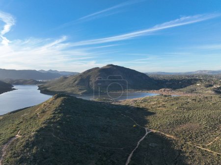 Landscape View of Lake Hodges and San Diego County North Inland from summit of Bernardo Mountain Peak in Poway California 