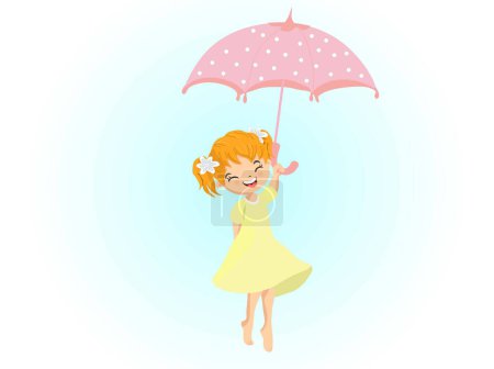 Beautiful, cute, little girl flying on an umbrella.