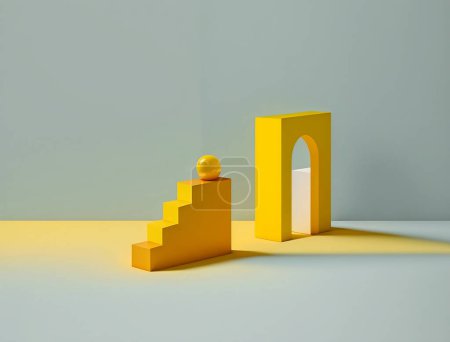 Composición geométrica abstracta colorida. Pirámide de prisma tridimensional objetos de cubo rectangulares sobre fondo de papel naranja. Figuras sólidas de color verde rosado azul amarillo, foto de enfoque suave. Foto de alta calidad