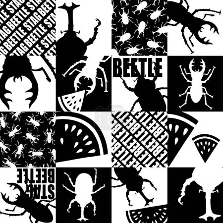 Téléchargez les illustrations : Checkered pattern with beetles and stag beetles, - en licence libre de droit