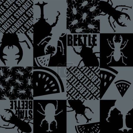Téléchargez les illustrations : Checkered pattern with beetles and stag beetles, - en licence libre de droit