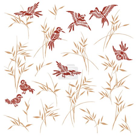 Illustration for Japanese sparrow and bamboo seamless pattern, - Royalty Free Image