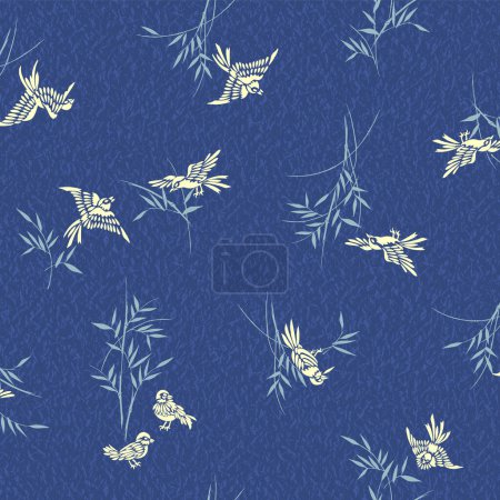 Illustration for Japanese sparrow and bamboo seamless pattern, - Royalty Free Image