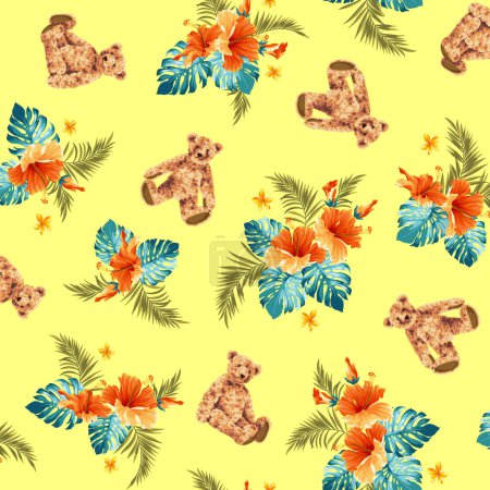 Ilustración de Patrón de camisa hawaiana usando lindo oso e hibisco, - Imagen libre de derechos