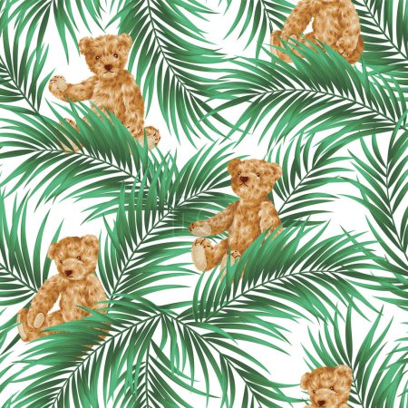 Illustration for Seamless pattern with tropical plants and cute bears, - Royalty Free Image