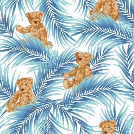 Illustration for Seamless pattern with tropical plants and cute bears, - Royalty Free Image