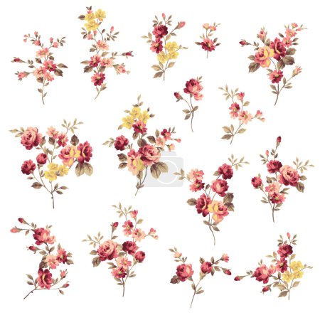 Téléchargez les illustrations : Une collection de matériaux de fleurs de rose créés avec une image à l'ancienne, - en licence libre de droit