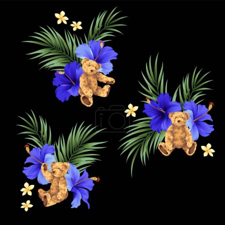 Beautiful hibiscus and cute bear illustration material,