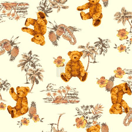 Pattern with palm trees, Hawaiian scenery, and bears,