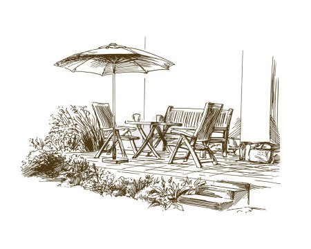 Foto de Sunny terrace with seating and parasol, rest in the garden. - Imagen libre de derechos