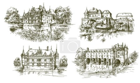Illustration for Loire Valley Castles. Hand drawn set. - Royalty Free Image