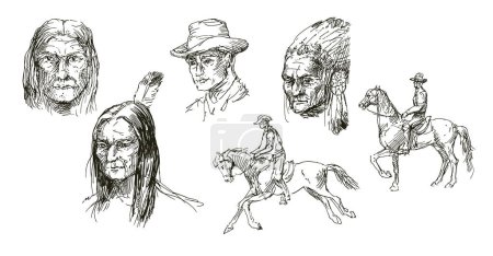 Téléchargez les illustrations : Ensemble de cow-boys dessinés à la main un Amérindien indigène - en licence libre de droit