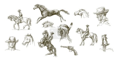 Foto de Conjunto de vaqueros dibujados a mano y nativos americanos - Imagen libre de derechos