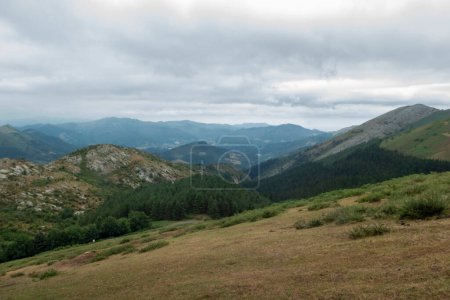 vue panoramique sur les collines verdoyantes et les montagnes lointaines sous un ciel nuageux et serein