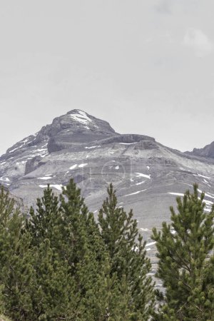 schroffer Berg mit Schneeflecken, umrahmt von sattgrünen Kiefern unter wolkenverhangenem Himmel