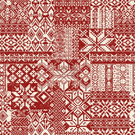Photo for Red native American traditional fabric patchwork abstract vector seamless pattern grunge effect in separate layers - Royalty Free Image