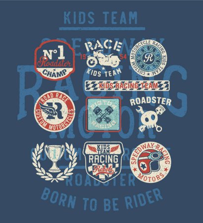 Ilustración de Moto speedway equipo de carreras de niños lindo vector de impresión para niños usan camisa con insignia etiquetas colección - Imagen libre de derechos