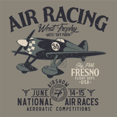 Aeronave de carreras de aire departamento de vuelo aerobatic competición vintage vector ilustraciones para niño niño camiseta efecto grunge en capa separada