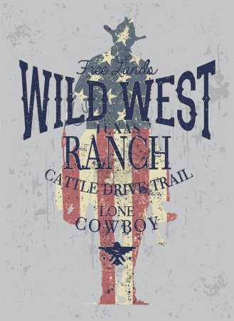 Wild West cowboy cattle drive trail vintage grunge vector print for western wear boy man t shirt