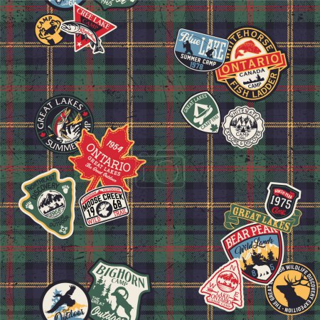 Illustration for Vintage mountain camp and wildlife adventure badges patchwork vector seamless pattern with tartan plaid background  grunge effect in separate layer - Royalty Free Image