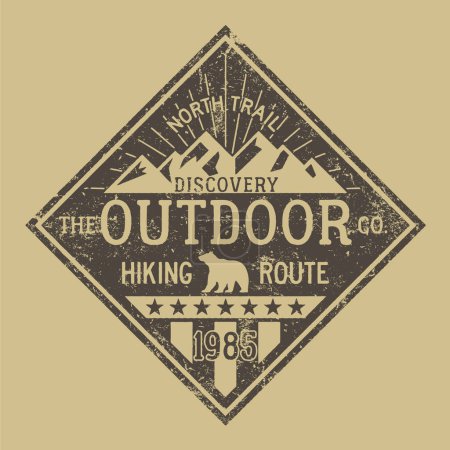 Photo for Hiking north trail mountain outdoor discovery vintage vector badge for boy man shirt grunge effect in separate layer - Royalty Free Image