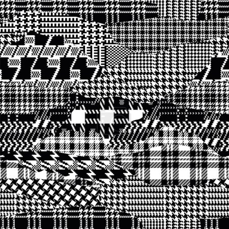 Illustration for Tartan houndstooth plaid jacquard fabric patchwork abstract vector seamless pattern in black and white - Royalty Free Image