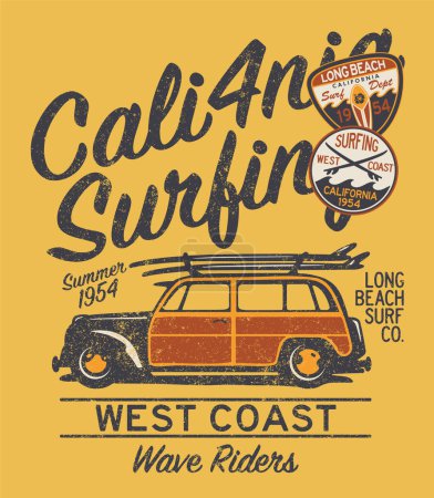 Photo for West coast California surfing wave rider vector print for boy shirt summer wear with applique embroidery patches grunge effect in separate layer - Royalty Free Image
