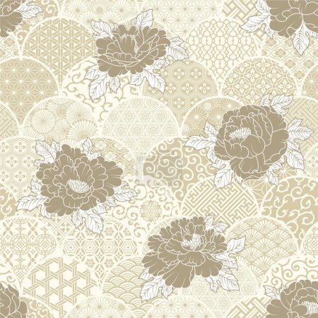 Photo for Peony flowers with traditional Japanese fabric elements patchwork background vector seamless pattern - Royalty Free Image